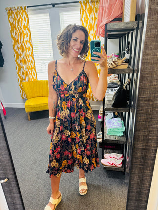 Navy Fall Floral Midi Dress