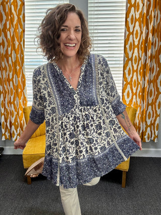 Blue + Cream Floral Top