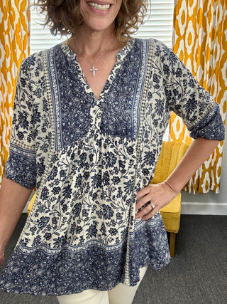 Blue + Cream Floral Top