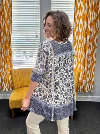 Blue + Cream Floral Top