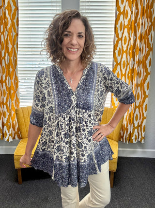 Blue + Cream Floral Top