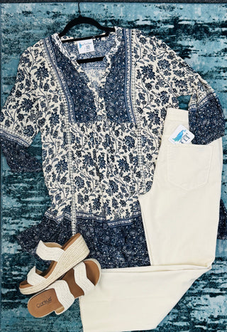 Blue + Cream Floral Top