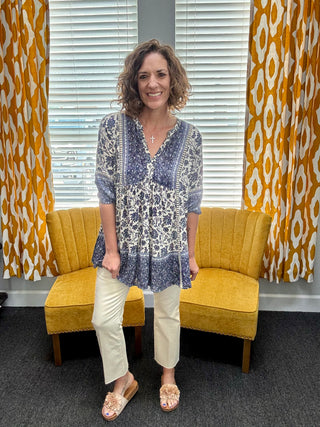 Blue + Cream Floral Top