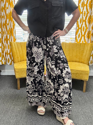Black Floral Wide Leg Pants
