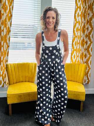 Navy Polka Dot Overalls