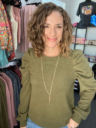 Olive Puff Pleated Top