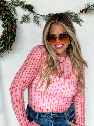 Red Bows Pink Mesh Top