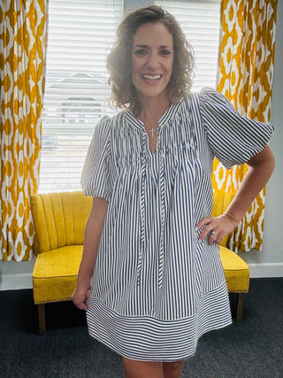 Navy Pinstriped Dress