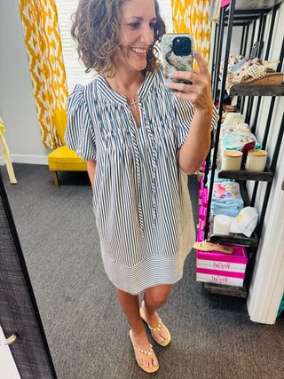 Navy Pinstriped Dress