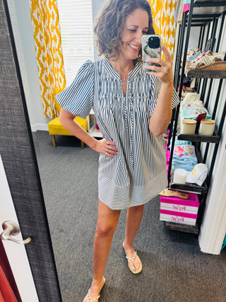 Navy Pinstriped Dress