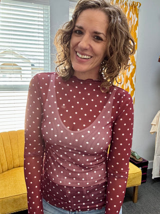 Maroon Darling Dot Mesh Top