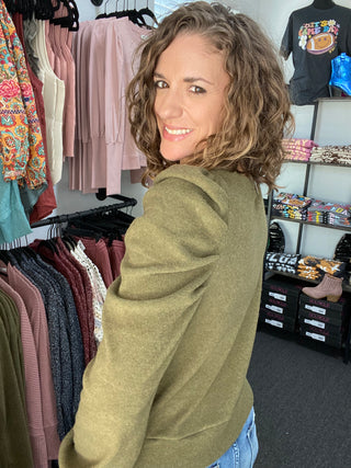 Olive Puff Pleated Top