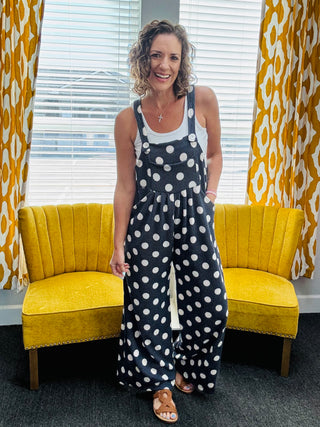 Navy Polka Dot Overalls