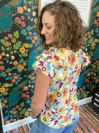 Wine Floral Ruffled Top