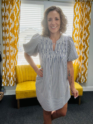 Navy Pinstriped Dress
