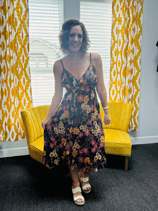 Navy Fall Floral Midi Dress