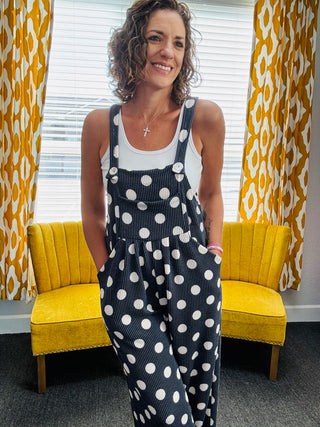 Navy Polka Dot Overalls
