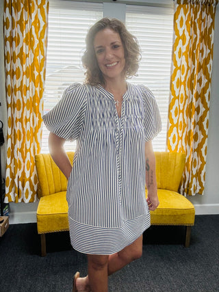 Navy Pinstriped Dress