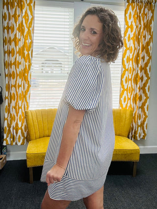 Navy Pinstriped Dress