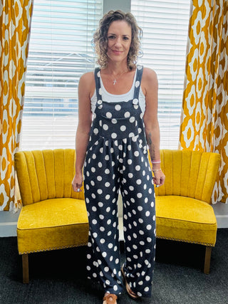 Navy Polka Dot Overalls