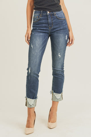 Mid Rise Frayed Straight Jeans
